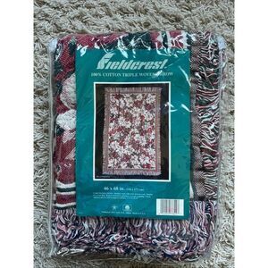 Vintage Fieldcrest Triple Woven Throw Royal Poinsettia Print 46X 68” NIP